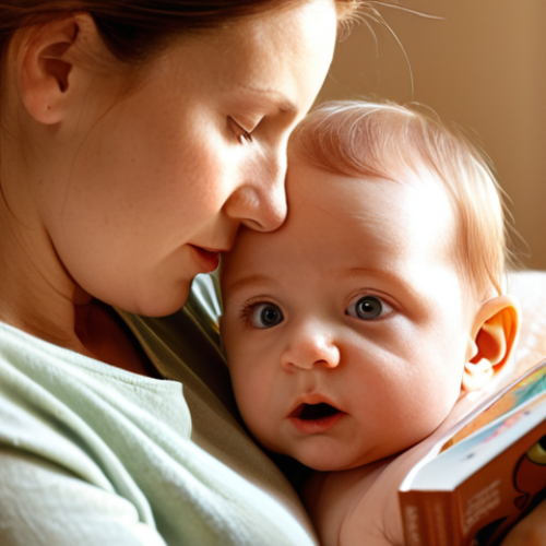 Home 7 A tender moment between a Polish mother and her infant (0-6 months old) in a warm, soft-lit setting. The mother is reading a board book, holding the baby close. The baby's eyes are wide, tracking colorful images, and tiny hands are reaching towards the book. Subtle, ethereal lines or light effects emanate from the book towards the baby's head, symbolizing neural connections and early brain development. The atmosphere is intimate and nurturing, highlighting the foundational aspect of early reading.